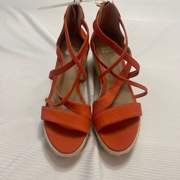 Eileen Fisher Wanda Wedge Strappy Sandals Orange Leather Zip Back Size 6 New - Picture 4 of 9